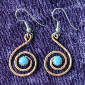 Vintage Southwestern Two Tone Spiral Earrings With Blue Turquoise